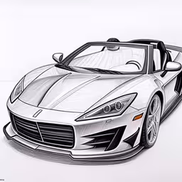 a drawing of a sports car from side view,a white colored sports car on a plain background