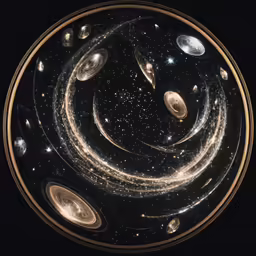 an artistic photo with planets and a circular lens