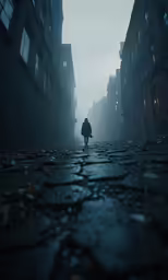 a man on a dark street with buildings and leaves all around