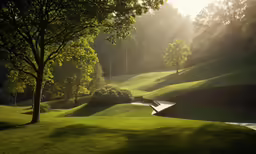 sunlight is shining over a green landscape of trees and grass