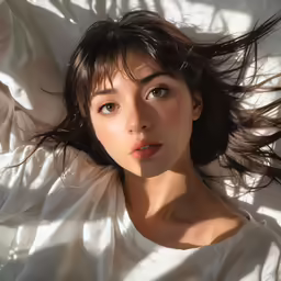 a very attractive young lady laying on top of a bed