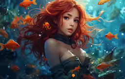 an artistic painting of a woman surrounded by gold fish