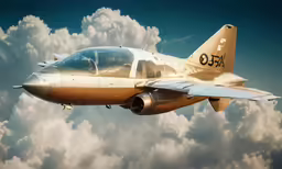 a small airplane flying in the air with a sky full of clouds