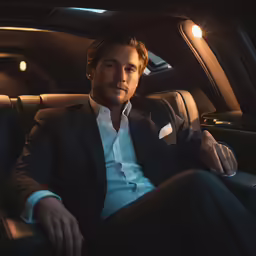 a man sits in a car looking out the window