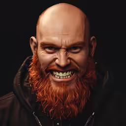 an evil looking man with a long beard is dressed in black and orange