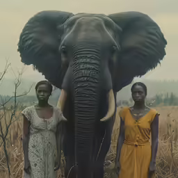two women pose with an elephant in a field