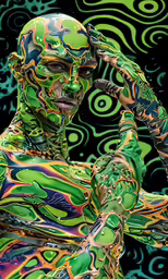 a woman with green body paint is holding a cell phone