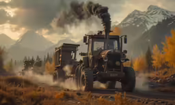 a tractor pulling an old farm equipment with smoke coming out of its back