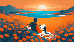 a painting shows a person sitting on a rock watching the sunset,a man sits on the edge of a field overlooking the ocean