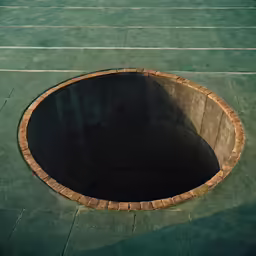 a concrete manhole hole at an outside basketball court