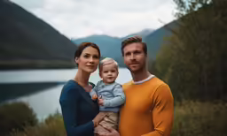 the man and woman are posing for a photo with the baby