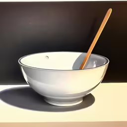 a white bowl with two wooden utensils inside