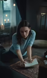 a woman sitting on the floor looking through a book