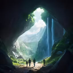 three people walking toward a waterfall in a cave