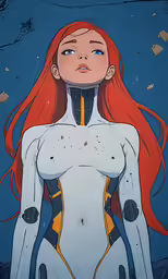 a woman with long red hair, wearing white and yellow costumes