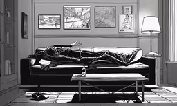 a drawing of a person laying on a couch,a living room with a couch, coffee table and pictures hanging on the walls