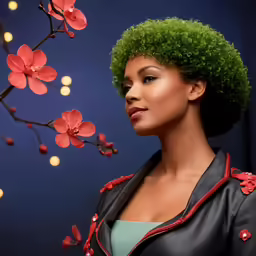 a woman wearing a green wig next to some red flowers