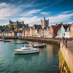 several boats in the ocean near some buildings