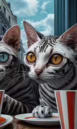 two cat staring at each other from a table