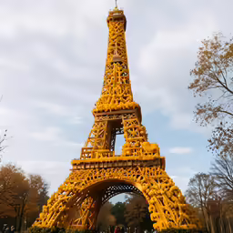 a yellow sculpture in front of a building with a tower
