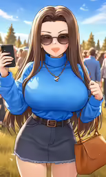 a young woman in blue shirt and black shorts holding a cell phone