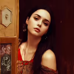 woman in a red shirt posing for a portrait