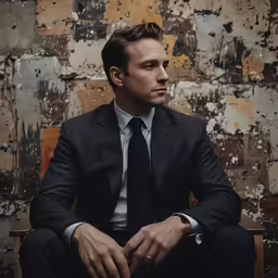 a man in a suit with a tie and dress shoes