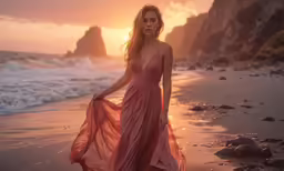 the woman is standing on the beach with her dress blowing in the wind