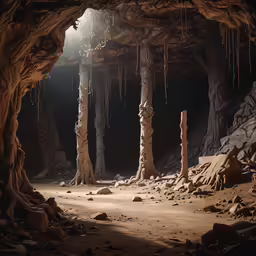 a cave like structure with rocks and rocks on the floor
