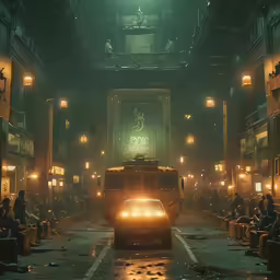 the cars drive down the street into the city