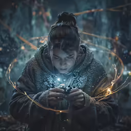 the girl holds a camera and lights up