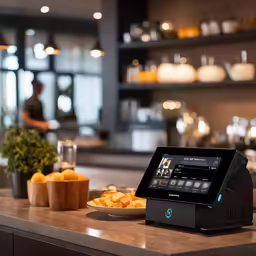 an electronic device sitting on top of a counter next to oranges