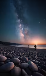 a couple is walking along the water by some rocks