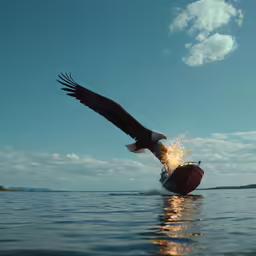 a bird flying over the top of water near the shore