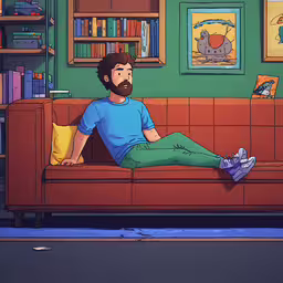 a man with a beard is sitting on a couch,a man sitting on a couch in a living room