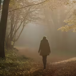 a person walking alone in a foggy forest