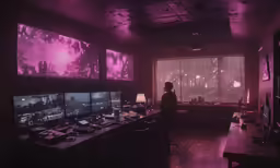 a person stands in a dimly lit room near multiple monitors on tables
