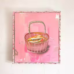 a painting of a basket with fish in it,a painting of pink wicker with a basket filled with bread