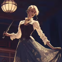 a painting of a woman dressed in blue and holding a sword,the illustration of a woman in a dress holding a knife