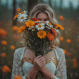 a woman holding flowers in the middle of a field