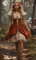a woman dressed in a red and white costume