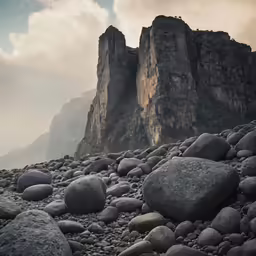a mountain with rocks and boulders in front of it