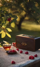 there is a small wooden radio on the table with raspberries