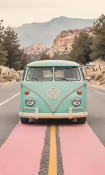 an old vw bus is painted turquoise and yellow