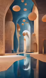 a large indoor pool with white lights shining