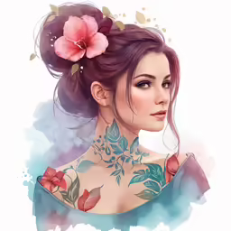 a woman with tattoos and flowers in her hair