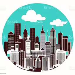 an image of a big cityscape in a circle royalty illustration,a stylized city with clouds in a circle