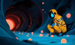 a yellow and blue character sitting in a cave