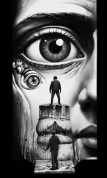 a poster showing the faces of two people and one is looking at something
