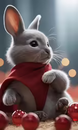 a grey kitten sitting in front of christmas ornaments